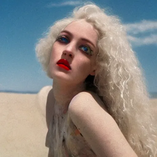 Prompt: a beautiful english woman with a long face narrow nose pale skin blue eyes red lips and wild messy tangles of curly white blonde hair, high resolution film still, sandy, a journey to the west