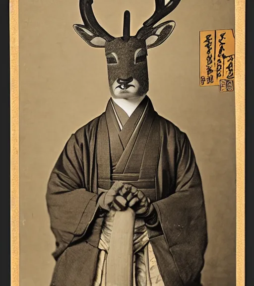 Image similar to 1 8 th century japanese street market in kyoto 1 9 0 0 s early photography portrait anthro anthropomorphic deer head animal person fursona wearing clothes street trader