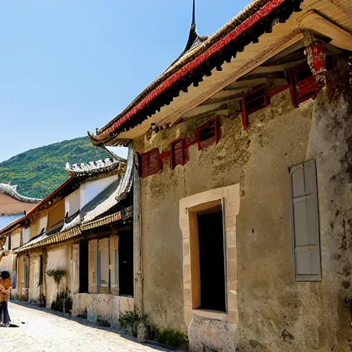 Image similar to old French village heavily influenced by ancient Chinese architecture.