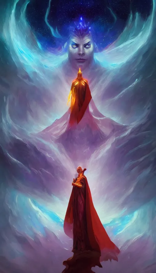 Prompt: god with a cape, epic scene, colors, holy, full body, galaxy, and, stars, atmosphere, unreal engine, pixar, video game, ethereal, insanely, detailed, volumetric, symmetrical, concept art, peter mohrbacher, charlie bowater, unreal engine, artstation, cinematic, video game, digital painting, artist maena