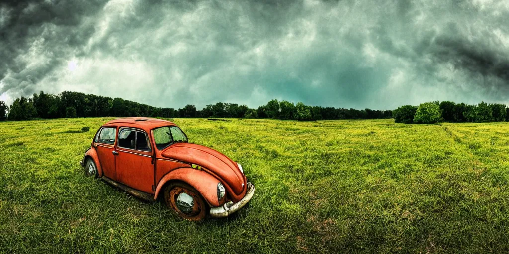 Prompt: a lonely rusty cyan VW Beetle in a vacant field, wide angle, thunderstorm, panorama, detailed digital art