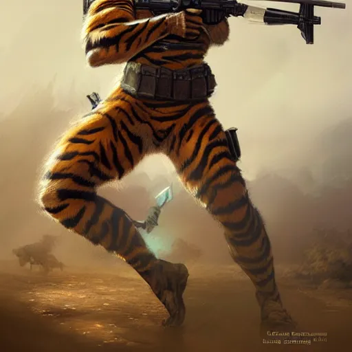 Prompt: a award winning commission of a fit anthro soldier tiger shooting,digitalt art,hyperdetailed,photorealistic,art by greg rutkowski,character design by charles bowater,ross tran,deviantart,artstation,high detailed,cinematic,movie scene,detailed face