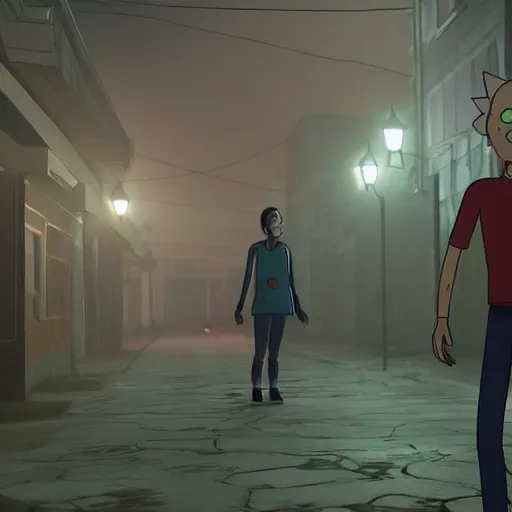 Image similar to playstation 5 screenshot of silent hill, rick and morty