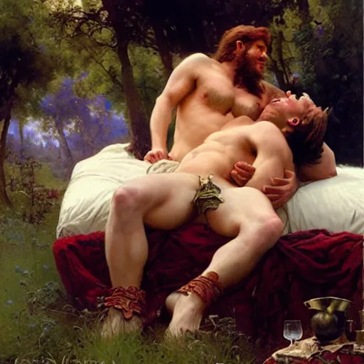 Image similar to ares tickles achilles the champion with a feather on a bed of pillows in a meadow,!!! dionysus drinks wine in the background she is smirking!!!, painting by gaston bussiere, craig mullins, j. c. leyendecker, tom of finland