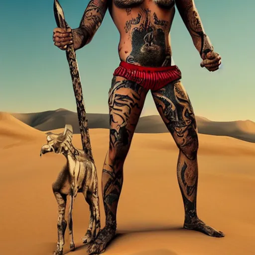 Prompt: a full body image of warrior, shirtless and covered with tribal tattoos on his body and face standing in the desert, extremely realistic and detailed facial features.