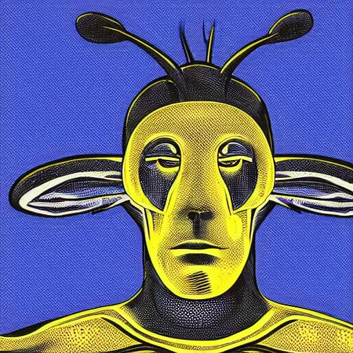 Image similar to human man that resembles a wasp morh in surreal sketch style, blue and yellow gradient, noise, ultrafine detail, hd 8k, logo illustration