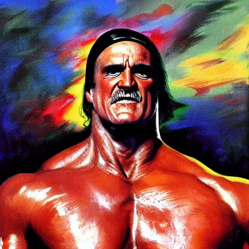 Image similar to wrestler hulk hogan, photorealistic, ring of fire, painted by frank frazetta