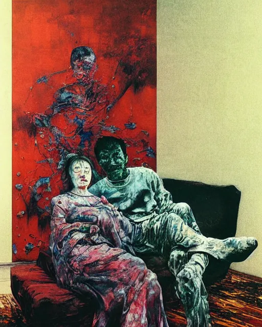 Prompt: thick flowing expressive acrylic painting of an old dead couple sitting on a couch in an old soviet apartment, Beksinski painting, part by Adrian Ghenie and Gerhard Richter. art by Takato Yamamoto, Francis Bacon masterpiece