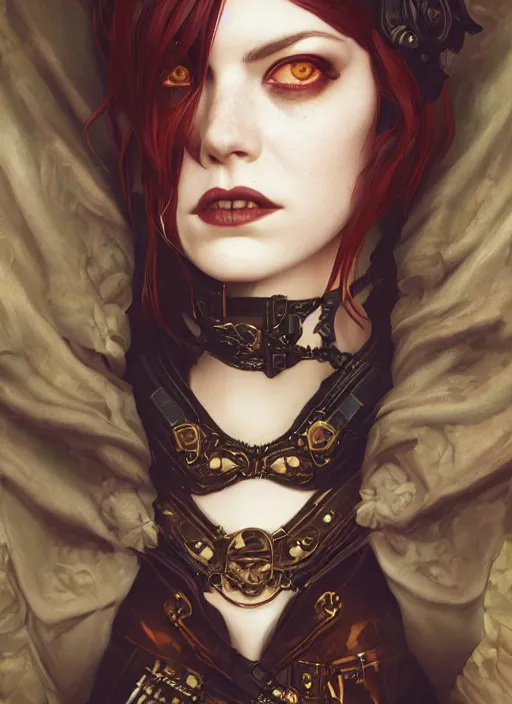 Image similar to dark goth gothic steampunk portrait of emma stone, hyper detailed, digital art, cinematic lighting, studio quality, smooth render, unreal engine 5, octane rendered, art style by klimt and nixeu and ian sprigger and krenz cushart.