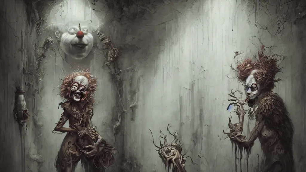 Image similar to clown portraits in cloistered alleyway dreaming of a circus wearing fedoras, in the style of peter mohrbacher by weta digital and beth cavener, high face symmetry, intricate, masterpiece, award winning, high face symmetry, intricate