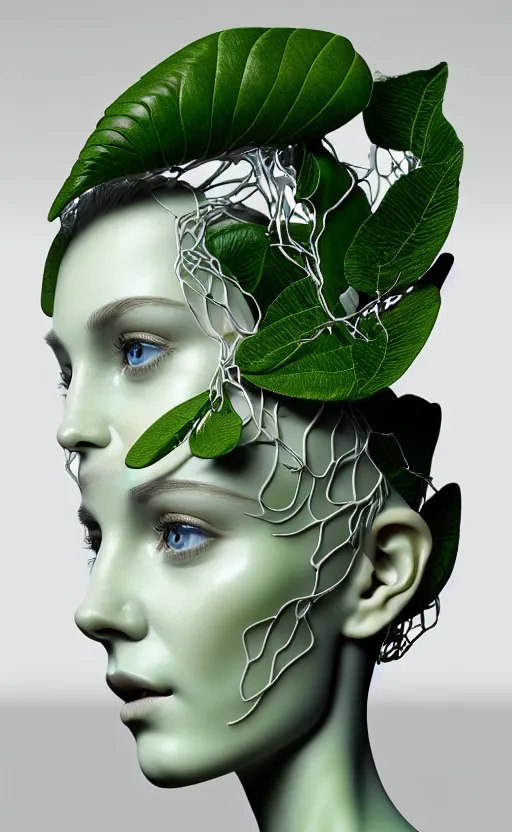 Image similar to complex 3d render ultra detailed of a beautiful porcelain profile woman face, green hazel eyes, vegetal dragon cyborg, 150 mm, beautiful natural soft light, rim light, silver niobium details, magnolia big leaves and stems, roots, fine lace, maze like, mandelbot fractal, anatomical, facial muscles, cable wires, microchip, elegant, white metallic armor, octane render, black and white, H.R. Giger style