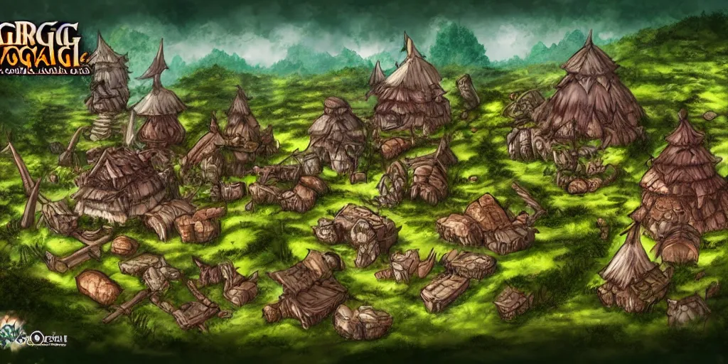 Image similar to Orc village in the middle of the forest. In style of Ragnarok Online, Korean MMORPG, epic, professional art, digital art, 8K, concept art.