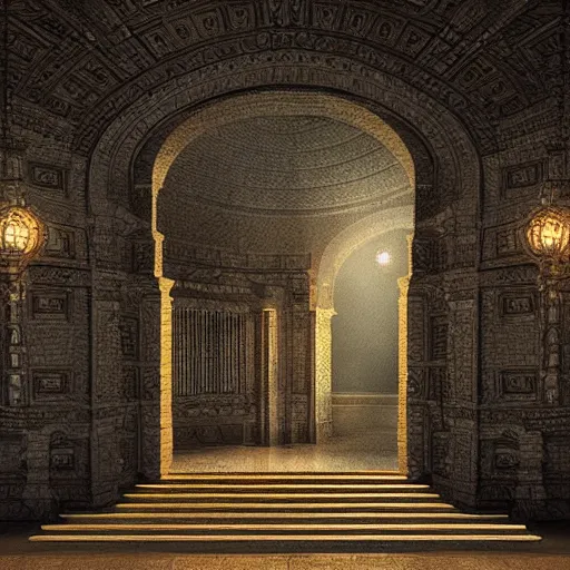 Image similar to fine concept art of a scene representation inspired by the song Hall of the Stairs / Hall of the Mosaics by Andreas Vollenweider, highly realistic and detailed, intricate, photorealistic, cinematic lighting