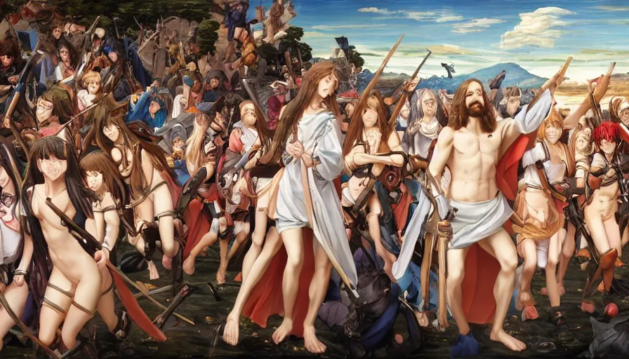 Image similar to jesus christ our lord leading an army of anime girls into battle, photorealistic, anime, mini skirt, long hair, renaissance painting, hyper real, detailed, wide angle shot, ultra detailed