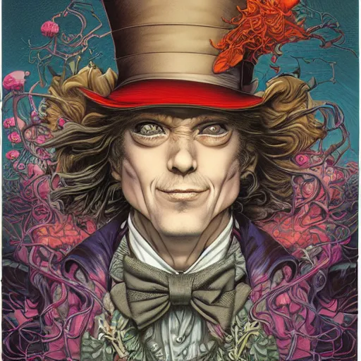 Prompt: portrait of the mad hatter, symmetrical, by yoichi hatakenaka, masamune shirow, josan gonzales and dan mumford, ayami kojima, takato yamamoto, barclay shaw, karol bak, yukito kishiro