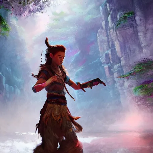 Image similar to Long Shot of Aloy in misty mysterious astral temple jumpin with pistol in river of chromatic SPIRITS , beautiful, dmt, trending on artstation, omnious, soft, artwork by Wong, Liam