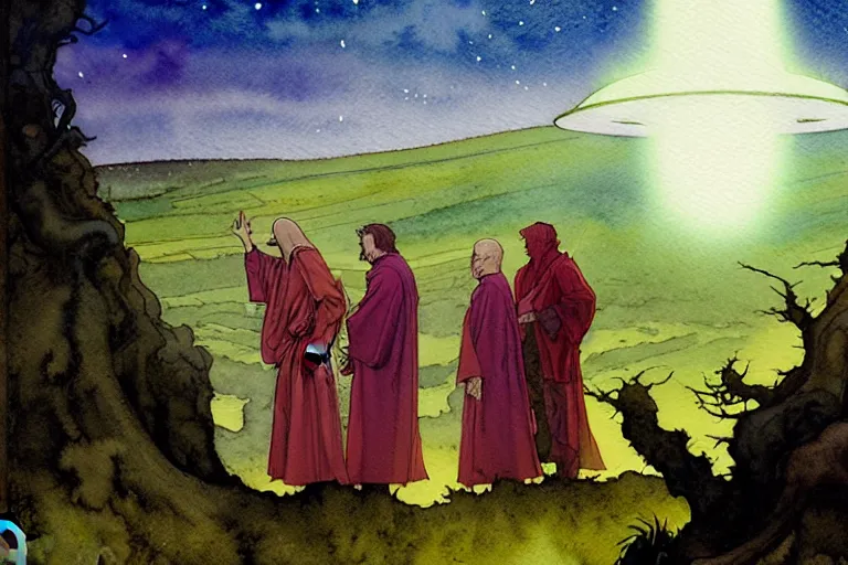 Image similar to a realistic and atmospheric watercolour fantasy character concept art portrait of a group of christians wearing robes and emerging from the mist on the moors of ireland at night. a ufo is in the sky. by rebecca guay, michael kaluta, charles vess and jean moebius giraud