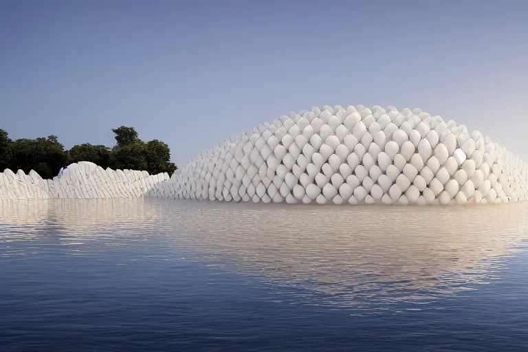 Image similar to a building formed by many multi - white egg - shaped spaces arranged and combined. on the calm lake, people's perspective