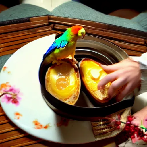 Prompt: japanese docomo parrot brothers eat egg tart