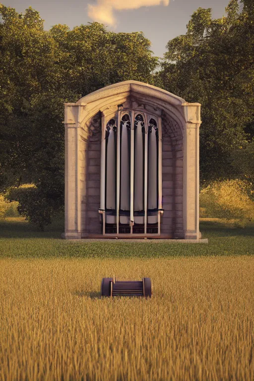 Image similar to a detailed render of an isolated lonely pipe organ, in the middle of a field, supported by a lone stone column, trending on artstation, render, 3 d, octane, 4 k, 8 k, unreal engine, cinema 4 d, baroque, art deco