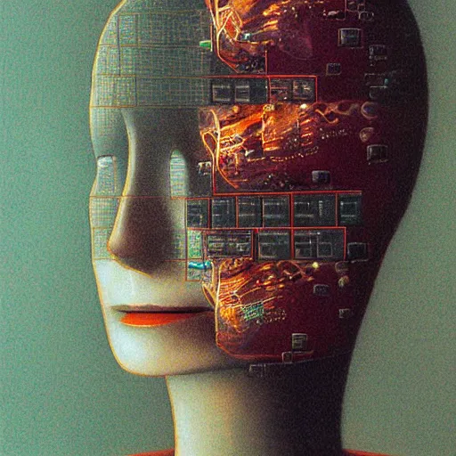 Image similar to a closeup of a businesswoman with computer motherboard built inside her head, Beksinski, Dariusz Zawadzki