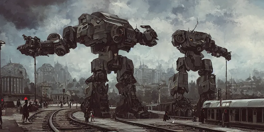 Prompt: a russian mecha, train station in summer, matte painting, afternoon, drama, by rozalski, artstation