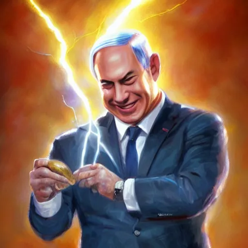 Image similar to portrait of benjamin netanyahu grinning while holding lightning bolts, by artgerm and greg rutkowski