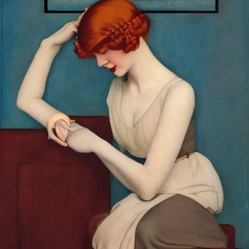 Prompt: an oil painting depicting an redhead girl, 1920s style, smooth, highly detailed, high contrast, Coles Phillips, Dean Cornwell, JC Leyendecker, 8K