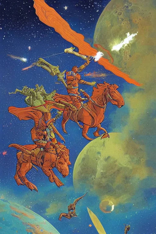 Image similar to beautiful amazons riding dinosaurs on mars against a backdrop of canyons, mercury rainbows in the sky and space fighters shooting, artwork by jean giraud