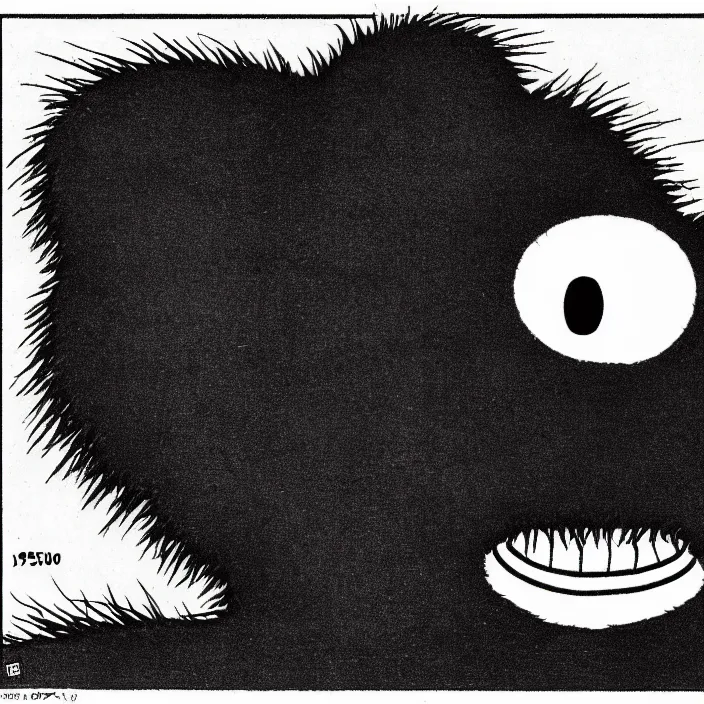 Image similar to a still frame from comic strip, black fluffy hairy furry spider on a clean background 1 9 5 0, herluf bidstrup, new yorker illustration, monochrome contrast bw, lineart, manga, tadanori yokoo, simplified,