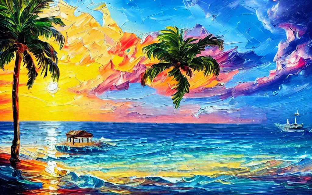 Image similar to in a sea is a tiny island surrounded by water with a cute cozy cottage with a terrace, a paved courtyard with benches a fountain and string lights, palm trees, sunset, puffy clouds, dramatic and dynamic lighting, thick brush strokes oil impasto painting