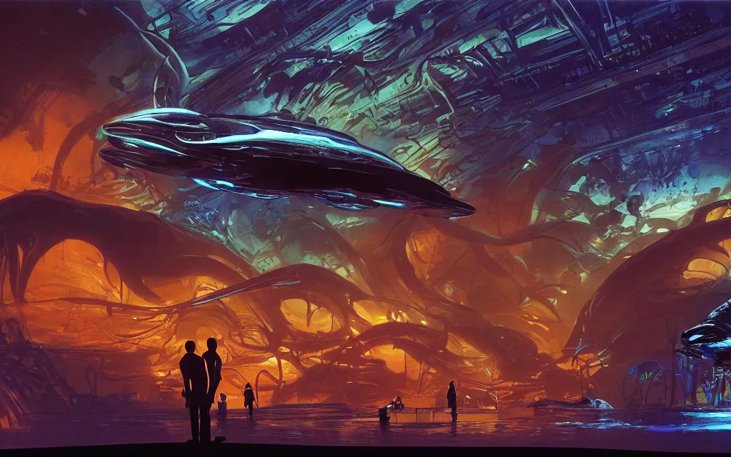 Prompt: close - up view of human silhouettes watching a giant dark sci - fi alien sea creature with big glowing eyes in a giant futuristic fish tank aquarium, deep blue colors, highly detailed science fiction painting by syd mead, roger dean, and moebius. rich colors, high contrast, cosmic black background. unreal engine, artstation.