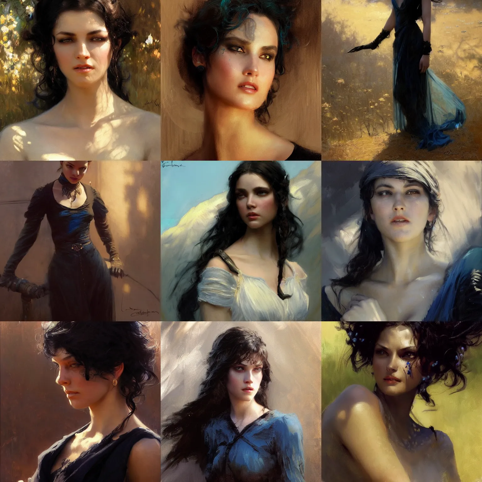 Prompt: detailed cinematic wide shot of beautiful attractive young woman black clothes black hair slim face symettrical face clean skin blue eyes black clothes, ultra realistic, spring light, painting by gaston bussiere, craig mullins, j. c. leyendecker