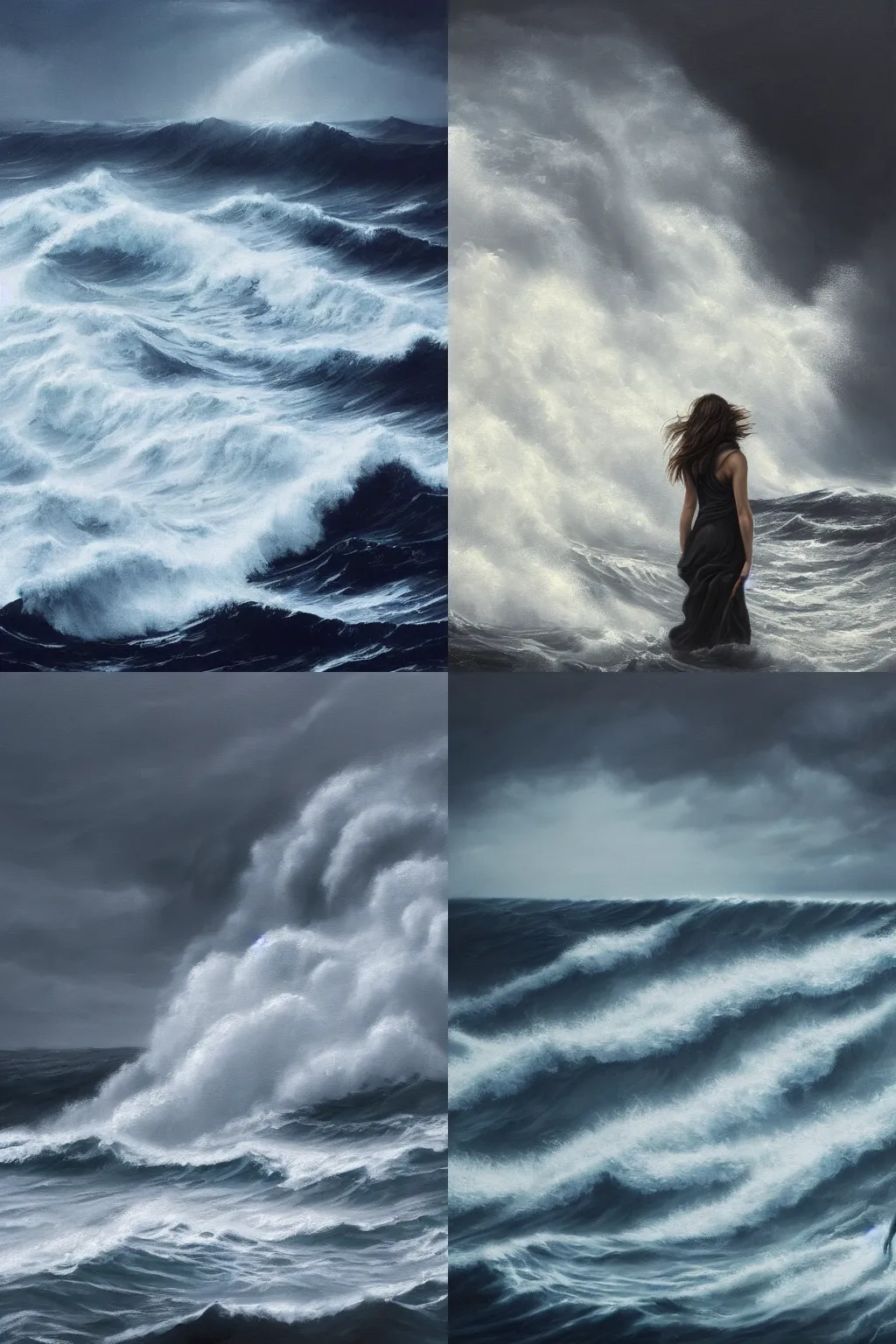 Prompt: stunning, dramatic painting of a woman standing in the middle of the sea with waves furiously crashing around her, bad weather, overcast day, storm, dark, desaturated cold color palette, dramatic, 4k, very detailed, high quality