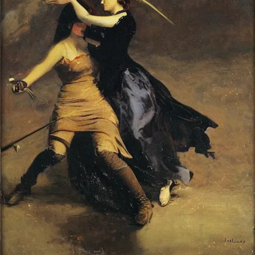 Image similar to young victorian woman fighting a monster, by alfred stevens