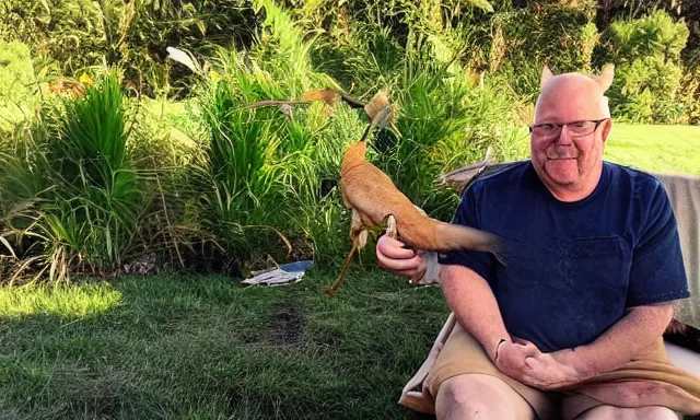 Image similar to My dad Steven just took a hit from the bongo and have good time being gracefully relaxed in the garden, sunset lighting. My second name is Carell. My dad second name is Carell