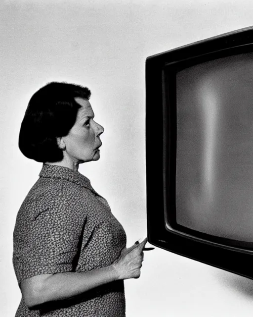 Image similar to a woman staring angrily into old TV, black-and-white photo, 1960s, hyperrealistic, old photo