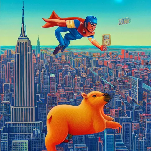 Image similar to a detailed painting of an adorable capybara superhero flying above new york by casey weldon, new contemporary art, colorful