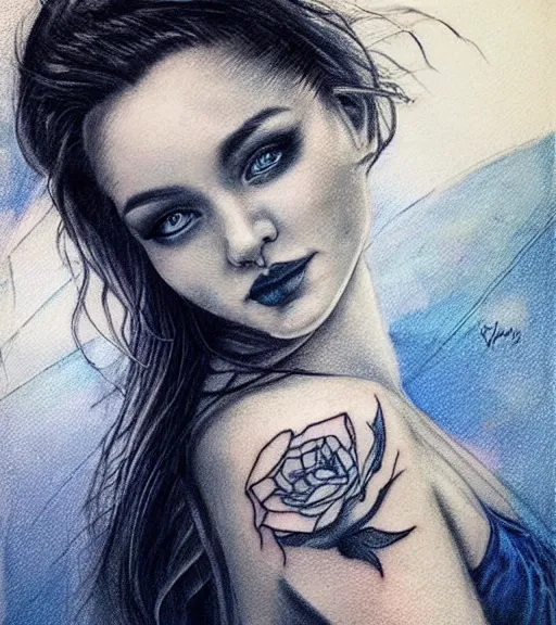 Image similar to tattoo design sketch of a beautiful blue - eyed woman face with a faded background of beautiful mountains and nature on her side, hyper - realistic, in the style of den yakovlev, amazing detail, black and white