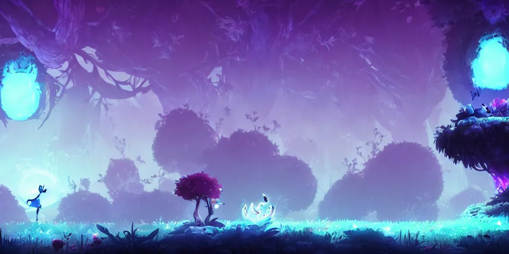 Prompt: Ori and the blind forest, SOTN, wonder boy, dead cells, hollow knight Portrait of a trees side scrolling, Very Cloudy Sky, Sun, Neon Lights, Subject in Middle, Rule of Thirds, 4K, Retrofuturism, Studio Ghibli, Simon Stålenhag