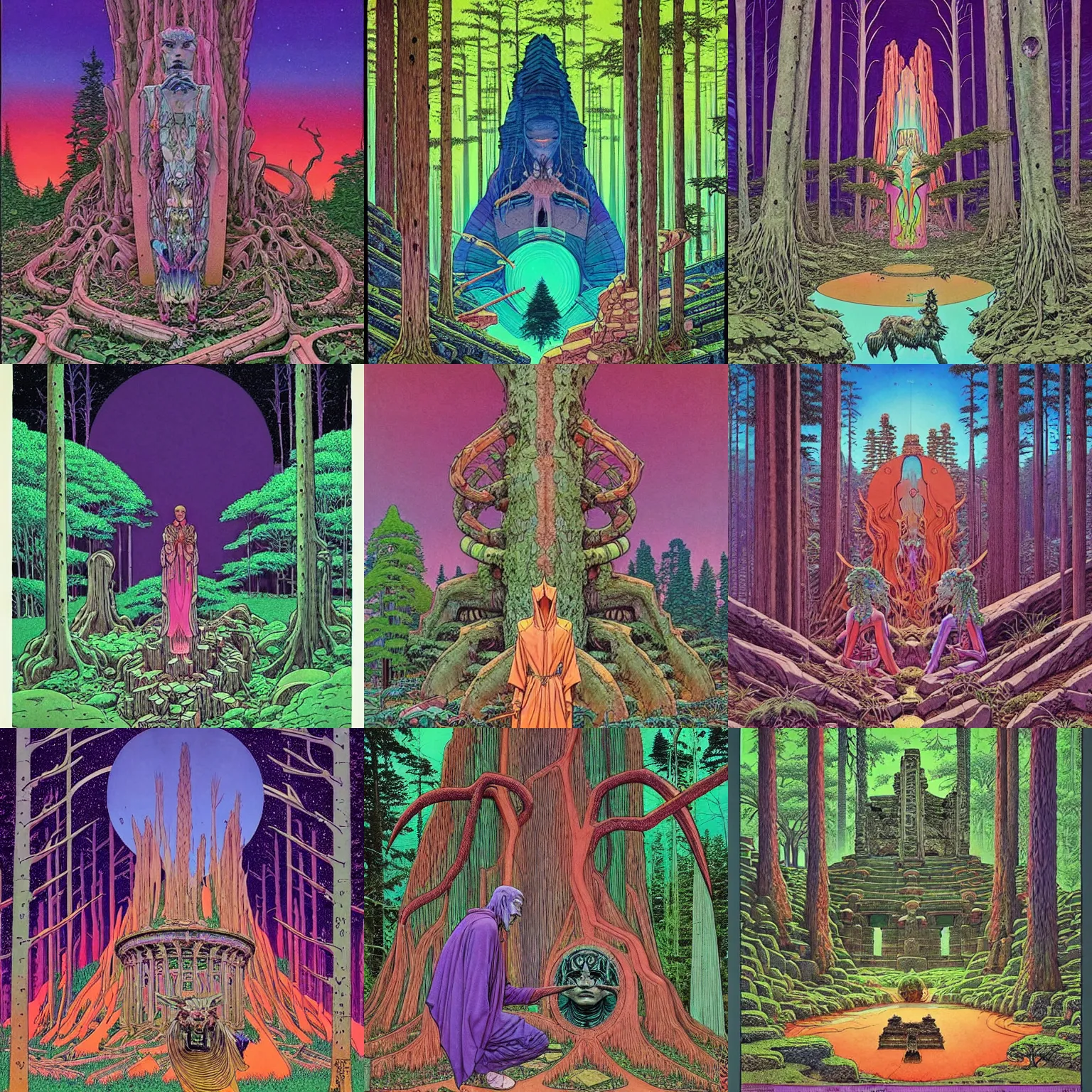 Image similar to ( ( ( ( ( sacred ancient ruins and guardian creatures in the forest ) ) ) ) ) by mœbius!!!!!!!!!!!!!!!!!!!!!!!!!!!, overdetailed art, colorful, record jacket