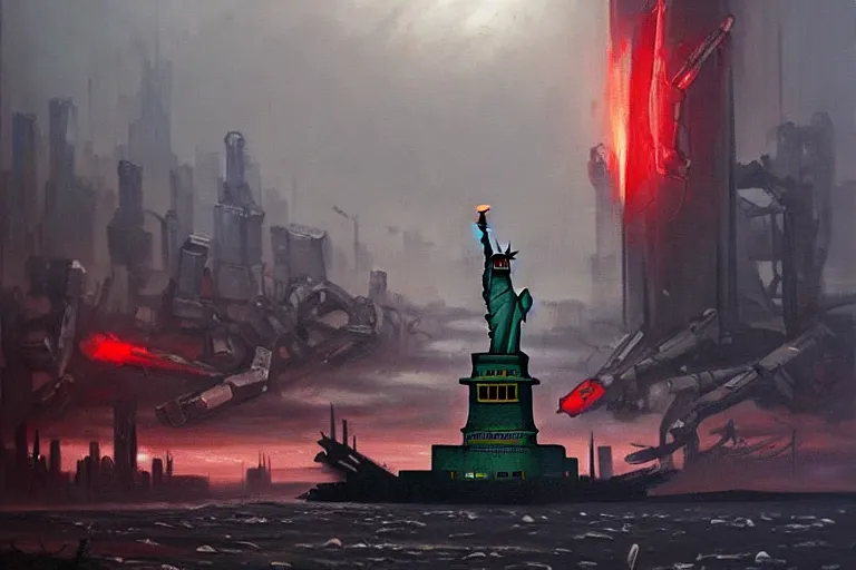 Prompt: grim oil painting of a destroyed statue of liberty in a dark future, robot war, magali villeneuve, trending on artstation