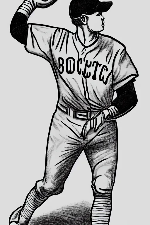 Image similar to full body drawing of a stoic white baseball player with a black baseball cap and a black bat and a striped jersey, white background, black and white, 2D drawing