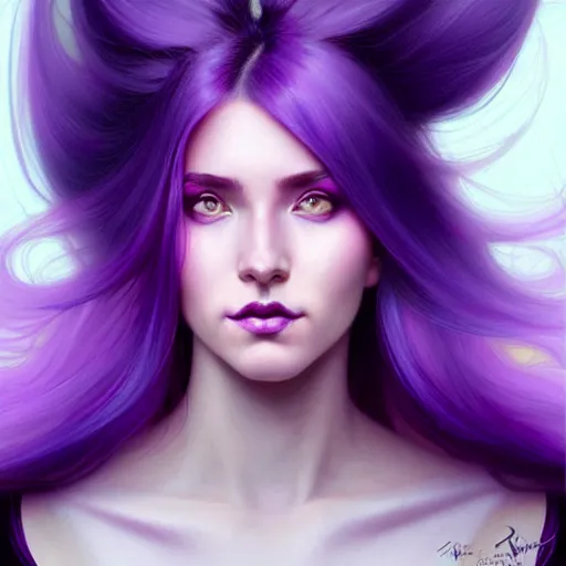 Image similar to Purple hair relistic Portrait of a woman with bright colored flying hair, all shades of purple. Beauty face, Hair coloring, fantasy, intricate, elegant, highly detailed, digital painting, artstation, concept art, smooth, sharp focus, illustration, art by artgerm and greg rutkowski and alphonse mucha