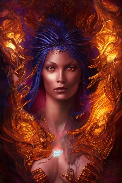 Prompt: fantasy character concept portrait, digital painting, wallpaper of the goddess of night, cosmic colors, with skin of obsidian, with veins of magma and gold, renaissance nimbus overhead, by aleksi briclot, by laura zalenga, by alexander holllow fedosav, 8 k dop dof hdr, vibrant