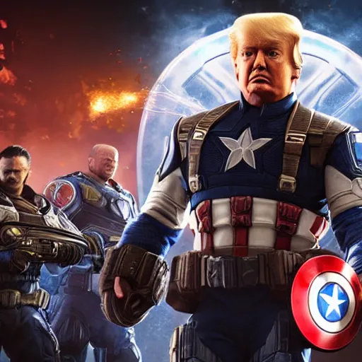 Image similar to portrait of donald trump as captain america in gears of war, splash art, maga, patriot, movie still, cinematic lighting, dramatic, glowing, ray tracing, octane render, long lens, shallow depth of field, bokeh, anamorphic lens flare, 8 k, hyper detailed, 3 5 mm film grain