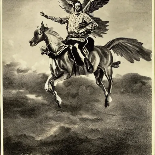 Image similar to francisco franco riding a griffin dressed as a bullfighter in the sky