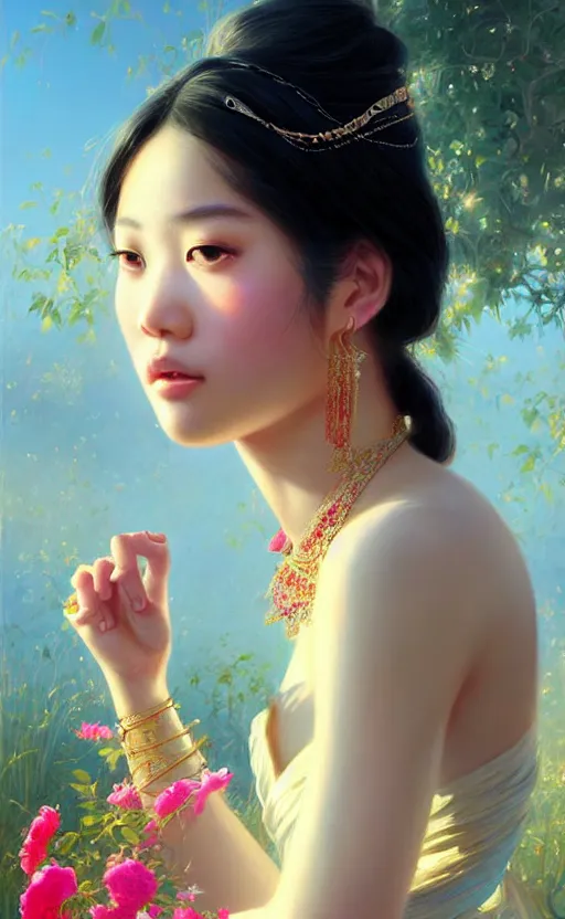 Image similar to a beautiful young charming asian goddess with sundress and jewelry | | winter, realistic shaded, unpleasant face, good looking, fine details, dior, lv, realistic shaded lighting poster by greg rutkowski, macoto takahashi, magali villeneuve, artgerm, jeremy lipkin and michael garmash