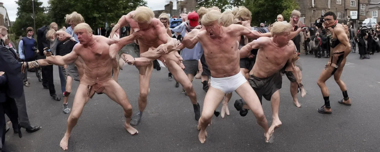Prompt: Candid photo of shirtless donald trump fighting himself in a Yorkshire street on a surreal alien planet AP PHOTO
