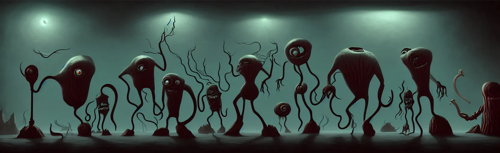 Image similar to uncanny monsters from the depths of a vast wasteland in the collective unconscious, dramatic lighting, surreal dark 1 9 3 0 s fleischer cartoon characters, surreal painting by ronny khalil